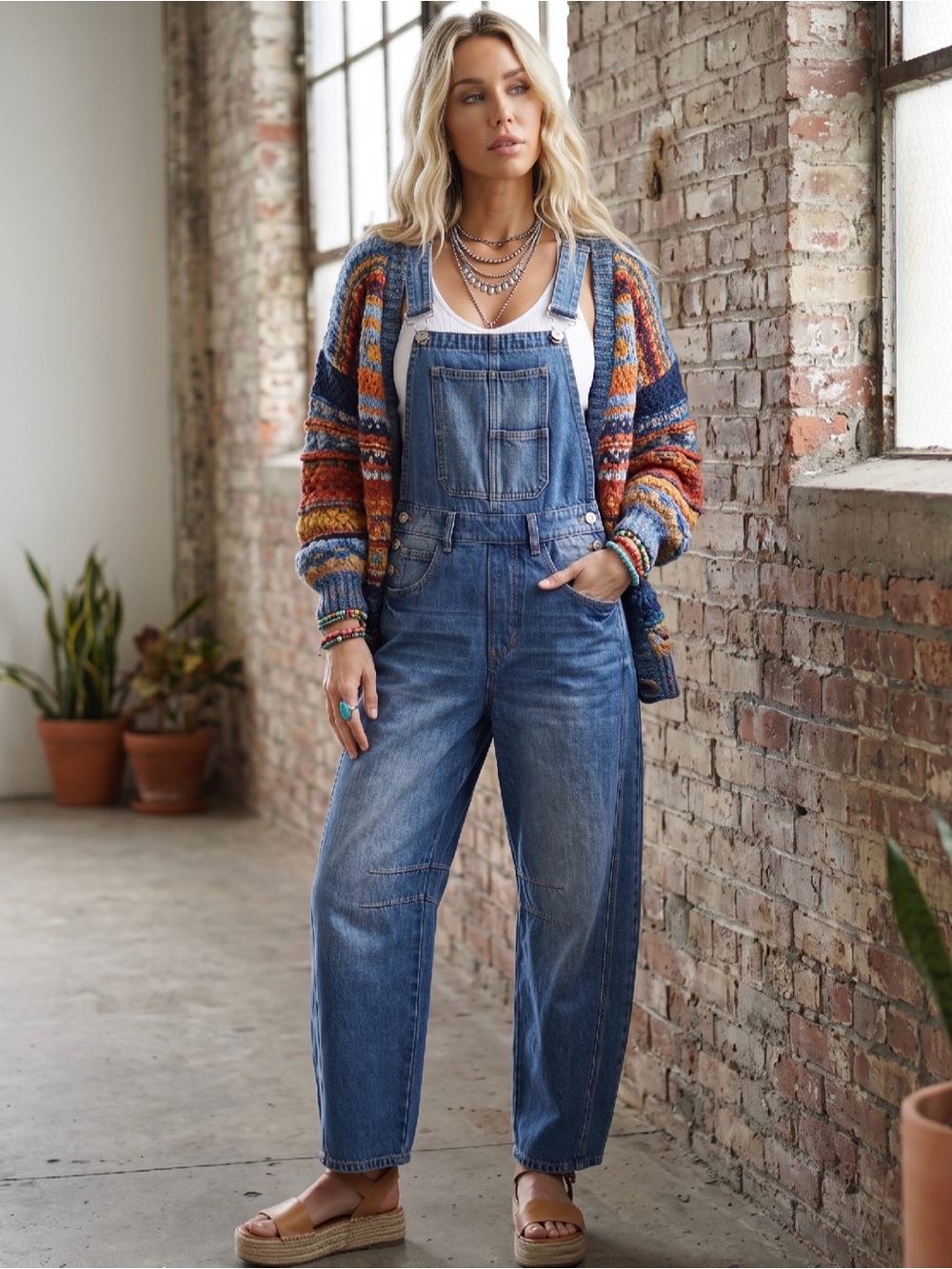 Bluivy Medium Washed Barrel Horseshoe Relaxed Fit Denim Jean Jumper Jumpsuit